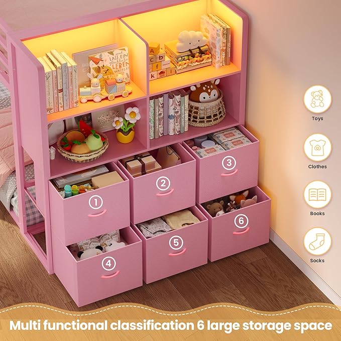 BTHFST Bunk Bed Twin Over Twin with 6 Large Fabric Drawers & 4 Storage Bookshelf, Metal Low Bunk Bed for Kids with LED Lights & Ladder and Guardrail, Space Saving, for Girls, Pink