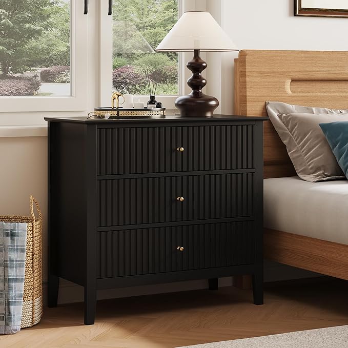 RoyalCraft 32" Large Nightstand, Fluted Painted Bedside Table with 3 Spacious Drawers, Modern Tall End Table for Bedroom, Black
