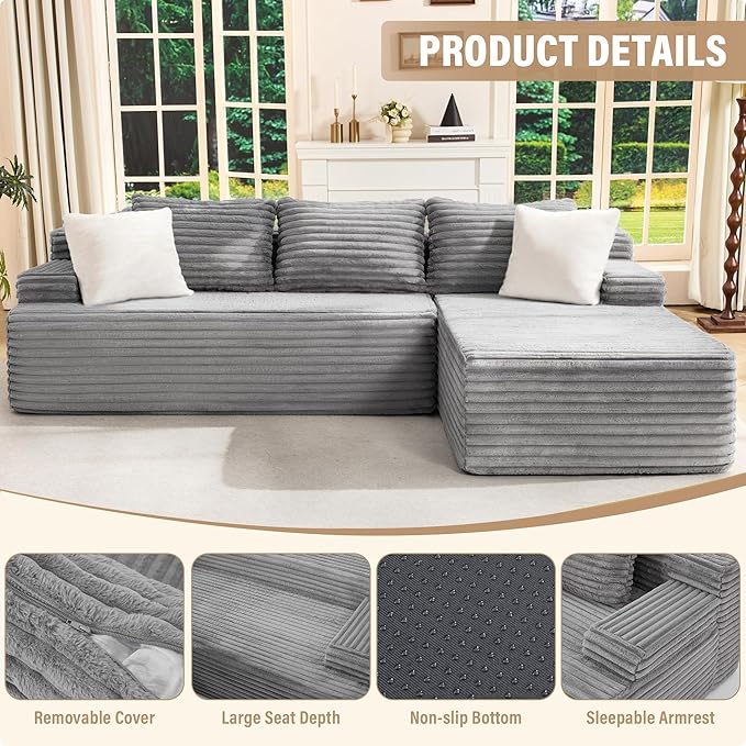 Hobestluk Modular Sectional Sofa Boneless Couch L-Shape Couch 3 Seat Modular Couch Memory Foam Sectional Couches for Living Room Furniture, Cloud Couch with Chaise Lounge (96" Right Facing Chaise)