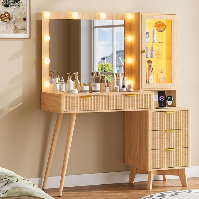 Makeup Vanity Desk with Mirror and Lights, 45" Fluted Wood Vanity Desk with Glass Top, 5 Drawers & RGB Glass Cabinet, Power Outlet, Mid Century Modern Dressing Table Set for Women Girls Bedroom