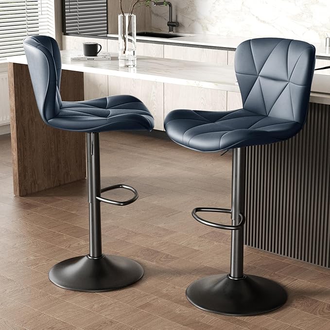Nalupatio Modern Bar Stools Set of 2, Adjustable Faux Leather Upholstered Swivel Bar Stools, Counter Height Bar Chairs with Back for Kitchen Island, Dark Blue