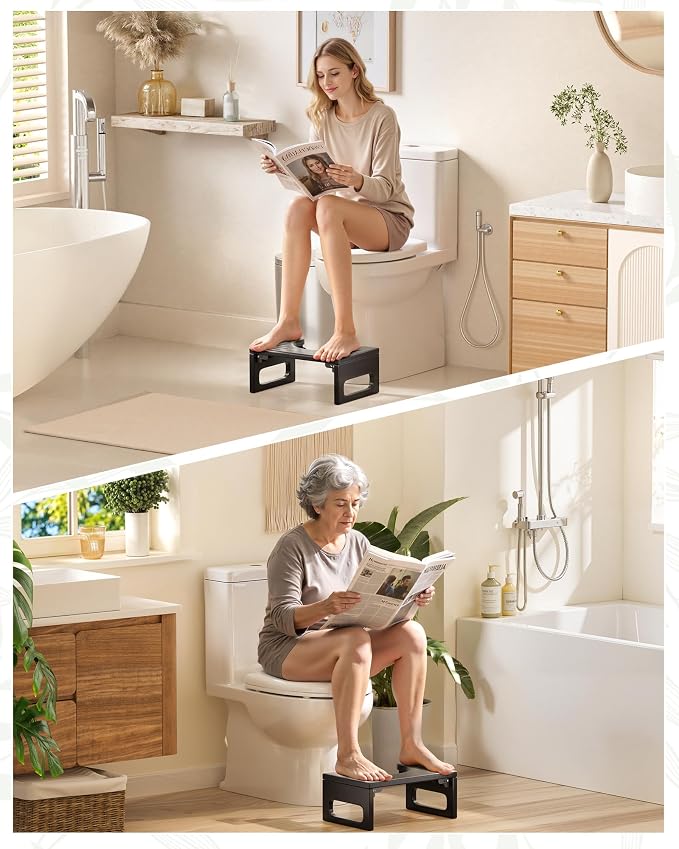 AmazerBath 7 Inches Bamboo Toilet Stool Squat for Adult, Foldable Squatting Potty Stool for Bathroom, 0.79" Thickness Poop Stools with Non-Slip Strip, Space-Saving, No Assembly Required, Black