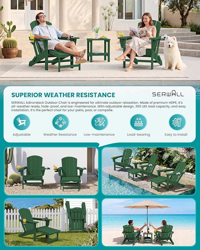 SERWALL Folding Adjustable Adirondack Chairs with Footrest Set of 4, HDPE Outdoor Chair with Dual Cup Holders, All Weather Adirondack Chair with Ottoman, Green