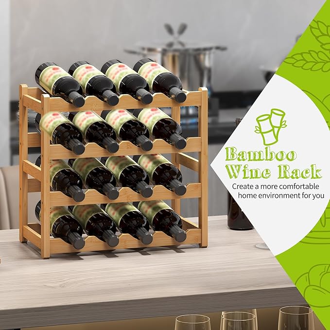 BMOSU Bamboo Wine Rack Wine Storage Cabinet Shelf 16 Bottle Wine Racks Countertop Sturdy for Kitchen Dining Room Pantry - 4 Tiers Wine Rack(Natural)
