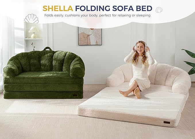MAXYOYO Folding Sofa Bed, 2 in 1 Convertible Sofa to Lounger Comfy Loveseat Bean Bag Chair for Adults, Floor Sleeper Couch with Handle, Faux Fur Couch Bed for Living Room Bedroom, Green, Loveseat