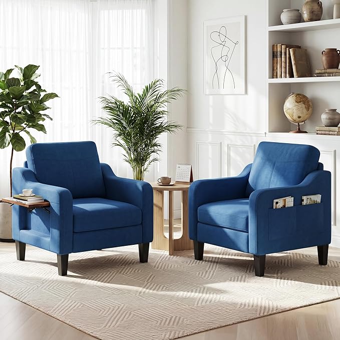 Accent Chairs Set of 2 for Living Room, Mid-Century Upholstered Armchair with Foldable Table & 2 Side Pockets, Modern Linen Wooden Sofa Chair for Bedroom & Reading Room, Blue