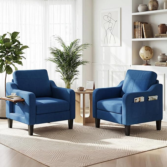 Accent Chairs Set of 2 for Living Room, Mid-Century Upholstered Armchair with Foldable Table & 2 Side Pockets, Modern Linen Wooden Sofa Chair for Bedroom & Reading Room, Blue