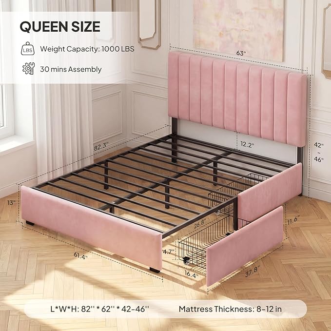 Welzona Full Size Velvet Bed Frame with 2 Storage Drawers, Fully Upholstered Metal Platform Corner Bed Frame with Vertical Tufted Headboard, 3-Level Height, Easy Assembly, No Box Spring Needed, Pink