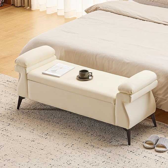 Furniliving 51”Ottoman with Storage, Upholstered End of Bed Bench with Armrest Cushion, Ottoman Bench, Faux Leather Bedroom Bench, Bed Bench with Storage, for Living Room, Entryway, Beige