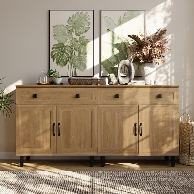 FENSULN Buffet Sideboard Cabinet Farmhouse Modern 2 in 1 Storage Cabinet with Drawer and Adjustable Shelves for Kitchen, Coffee Bar, Living Room, Oak