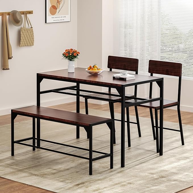 Shintenchi Kitchen Table Chairs Set of 4, Dining Table Set for 4 with Bench and Chairs, 4 Pieces Kitchen Table Set with Storage Rack & Metal Frame for Small Space, Dark Walnut