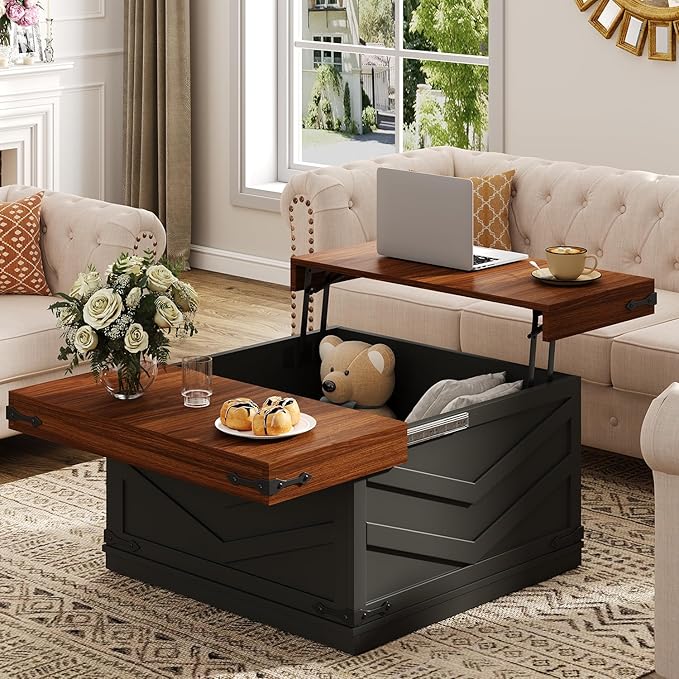 UNIQUITE 31.5'' Lift Top Coffee Table, Sliding Top Square Center Table with Large Hidden Storage Organizer, Multi-Functional Farmhouse Coffee Tables for Living Room, Bedroom, Home Office, Black