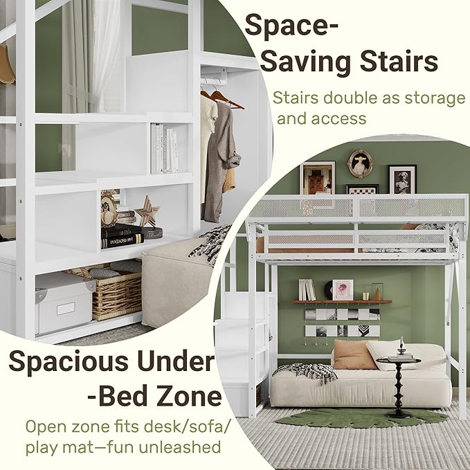 Mirightone Full Size Loft Bed with Stairs and Storage, Metal Loft Bed Frame with Bedside Shelf and Large Under-Bed Space, Heavy-Duty Loft Beds for Adults Teens and Kids, Convertible Staircase, White