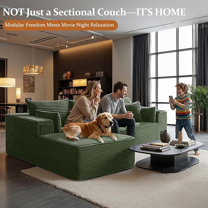108" Cloud Sectional Couch, Comfort L Shaped Boneless Couch for Living Room, Extra Deep Seats No Assembly, Minimalist Modular Sofa, Corduroy (Olive Green, 2 Seater+Right Facing Chaise)