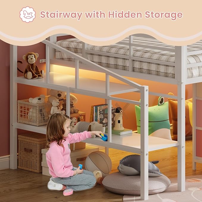 VIAGDO Low Loft Bed Full Size with 9 Storage Drawers and LED Lights, Metal Full Size Loft Bed with Stairway Shelf Storage, Low Loft Bed with Safety Guardrail and Under-Bed Hideaway for Kids, White