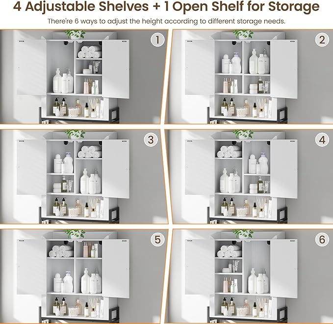 Memobarco Over The Toilet Storage Cabinet, Over Toilet Organizer with 2-Door & Metal Stand, Bathroom Organizers and Storage with Adjustable Shelves for Bathroom, Restroom, Laundry, White