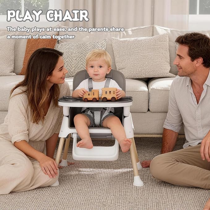 4 in 1 Baby High Chair for Babies and Toddlers, Foldable & Portable Convertible Booster Seat, Adjustable Tray & Footrest, Lightweight, Stable, Easy to Clean, Grey