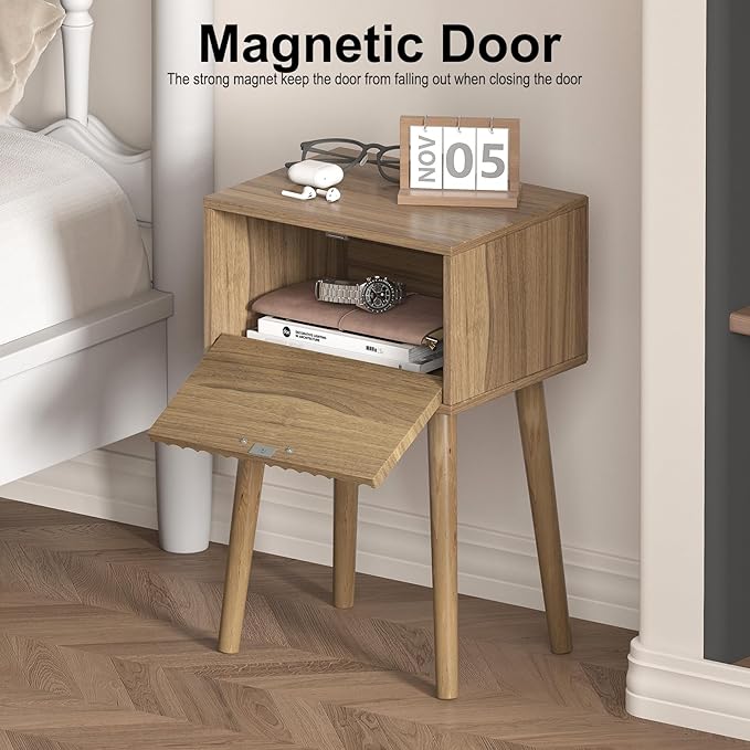 LAATOOREE Nightstands Set of 2, Small Size Side End Table, Bedside Table with Fluted Door, Solid Wood Feet; for Bedroom, Small Bed