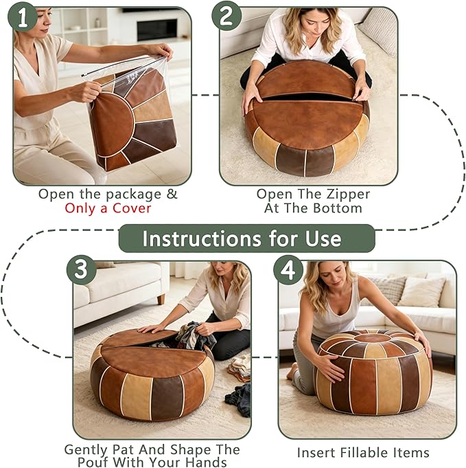 Thgonwid Unstuffed Moroccan Storage Pouf Foot Stool Ottoman Seat Handmade Faux Leather Bean Bag Floor Chair Foot Rest for Living Room, Bedroom or Balcony (Multi Color)