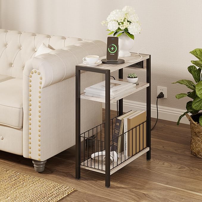 TRIFEBLE Narrow Side Table with Charging Station, Small End Table for Small Spaces, Slim Nightstand with Storage Basket, 3 Tier Skinny Bedside Table for Living Room, Bedroom, Greige