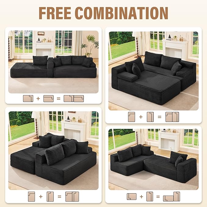 Hobestluk Modular Sectional Sofa Boneless Couch L-Shape Couch 3 Seat Modular Couch Memory Foam Sectional Couches for Living Room Furniture, Cloud Couch with Oversized Chaise (108" Left Facing Chaise)