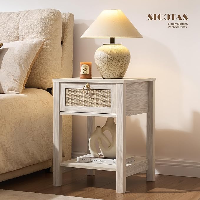 SICOTAS White Nightstand Set of 2,Rattan Decor Drawer with Brass Knobs Night Stand Bedside Table Boho End Tables Side Tables with Storage Shelf for Bedroom,Small Space