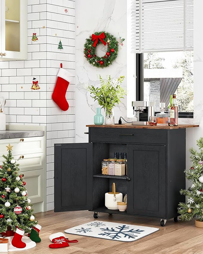 CHOEZON Kitchen Island, Kitchen Island Cart with One Double Cabinet and Drawer, Rolling Storage Cart with Power Strip, with Drop Leaf, for Kitchen, Living Room, Black and Rustic Brown MZD01UBFN1