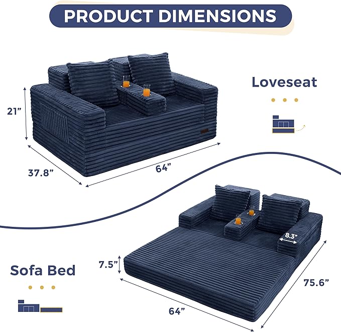 MAXYOYO Loveseat Sofa Bed, Striped Faux Fur Foldable Floor Sofa Couch in A Box, 4 in 1 Convertible Boneless Couch with 2 Cup Holders, Folding Recliner Sleeper Chair, No Assembly Required, Navy