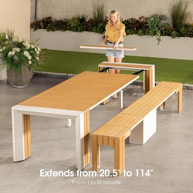 Transformer Table - Extendable Outdoor Dining Set up to 12, Expandable Patio Table, Weather-Resistant Wooden Outdoor Furniture, Light Oak, Natural (Table + Bench)