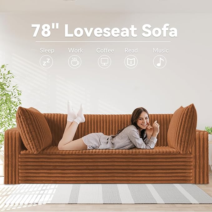 HABUTWAY 78" Loveseat Boneless Couch, 4-in-1 Convertible Sofa Bed, Plush Fur Folding Futon Sofa Bed Couches with 2 Pillows for Living Room, High-Density Foam Support, No Assembly Required, Orange