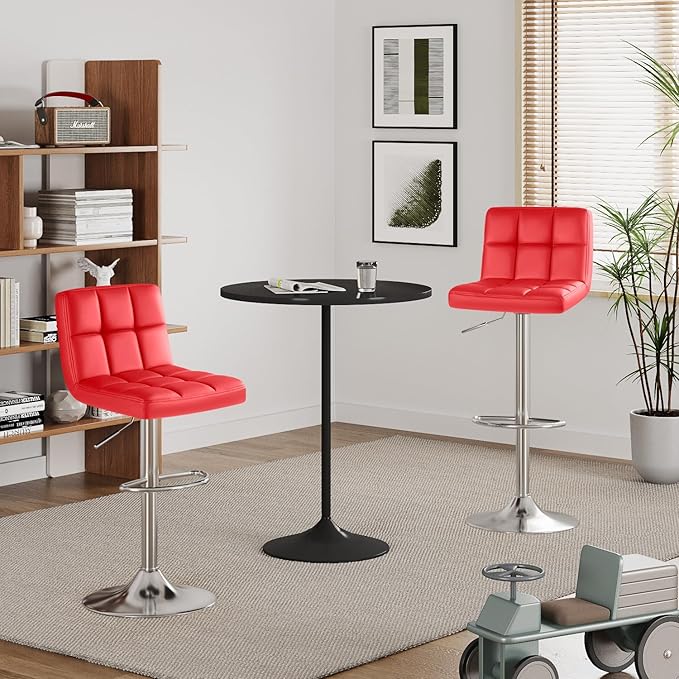 Furmax Bar Stools Modern Pu Leather Swivel Adjustable Hydraulic Bar Stool Square Counter Height Stool Set of 2 (Red)