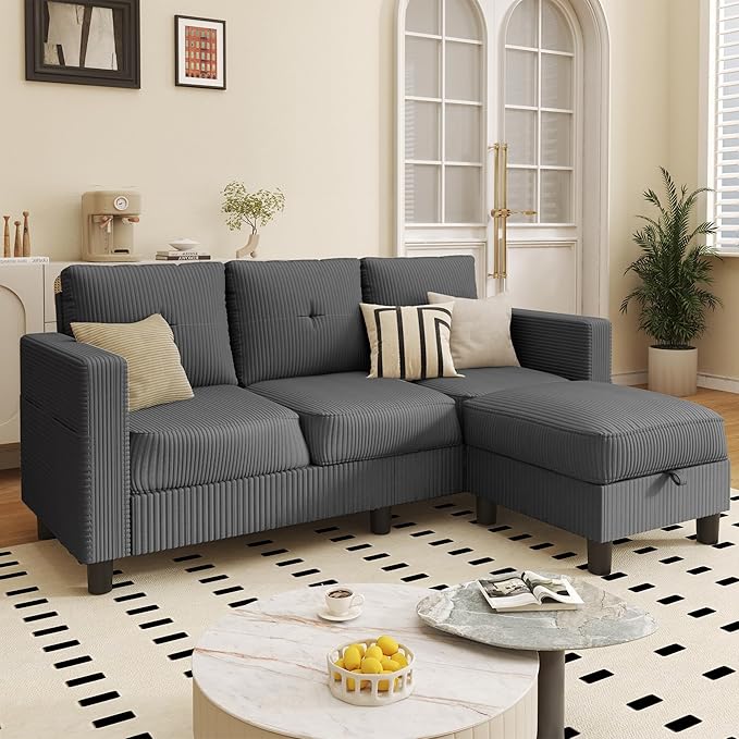 JAMFLY Convertible L-Shaped Sectional Sofa with Reversible Storage Ottoman, 3-Seat Couch with Side Pockets, Modern Compact Furniture for Small Apartments, Studios & Lofts, Grey