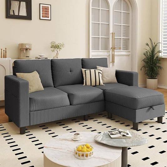 JAMFLY Convertible L-Shaped Sectional Sofa with Reversible Storage Ottoman, 3-Seat Couch with Side Pockets, Modern Compact Furniture for Small Apartments, Studios & Lofts, Grey