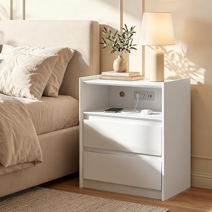 24" Tall Nightstand with Charging Station Including USB-C, Modern Bedside Table and Sofa End Table - White, 2 Drawers, 1-Pack