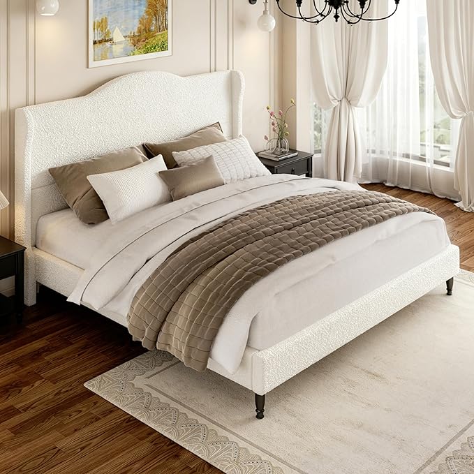 King Bed Frame with Wingback Headboard, Upholstered Boucle Platform Bed Frame Easy Assembly, Solid Wooden Slats Support, Noise-Free, No Box Spring Needed, Soft Cloud Bed for Bedroom, Cream