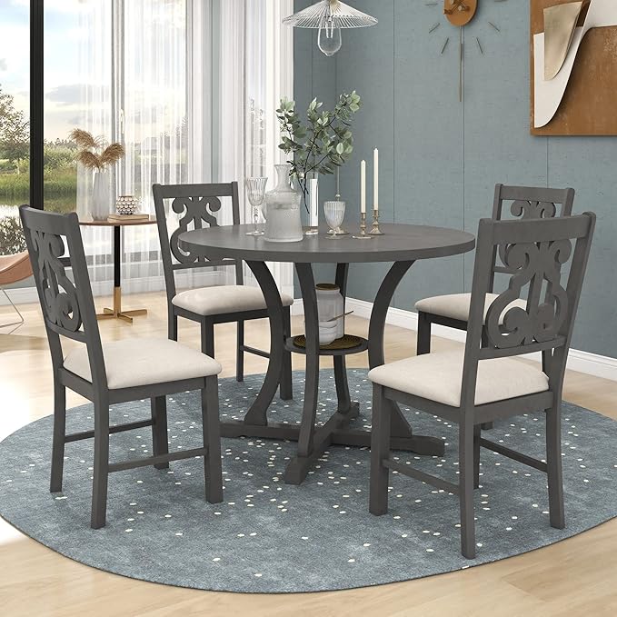 Harper & Bright Designs 5-Piece Round Dining Table and Chair Set with Special-Shaped Legs and an Exquisitely Designed Hollow Chair Back for Dining Room (Gray)