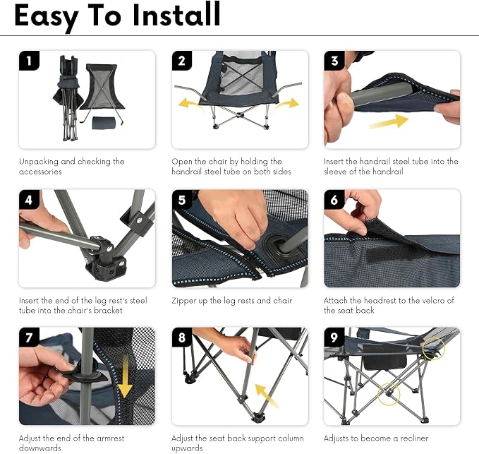 Portable Beach Mesh Lounge Chair Folding Reclining Camping Chair with Removable Footrest, Headrest, and Adjustable Backrest for Adults for Outdoor, Camping, Beach, Lawn