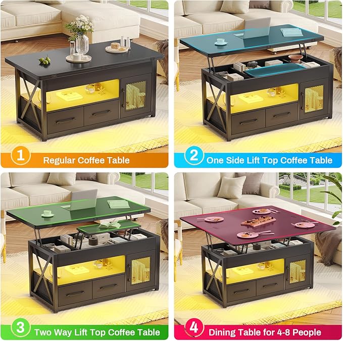 Itaar 40" Lift Top Coffee Table, 4 in 1 Coffee Tables with Storage Cabinet for Living Room, Small Farmhouse Coffee Table with 2 Fabric Drawers & LED Light for Dining Room, Black