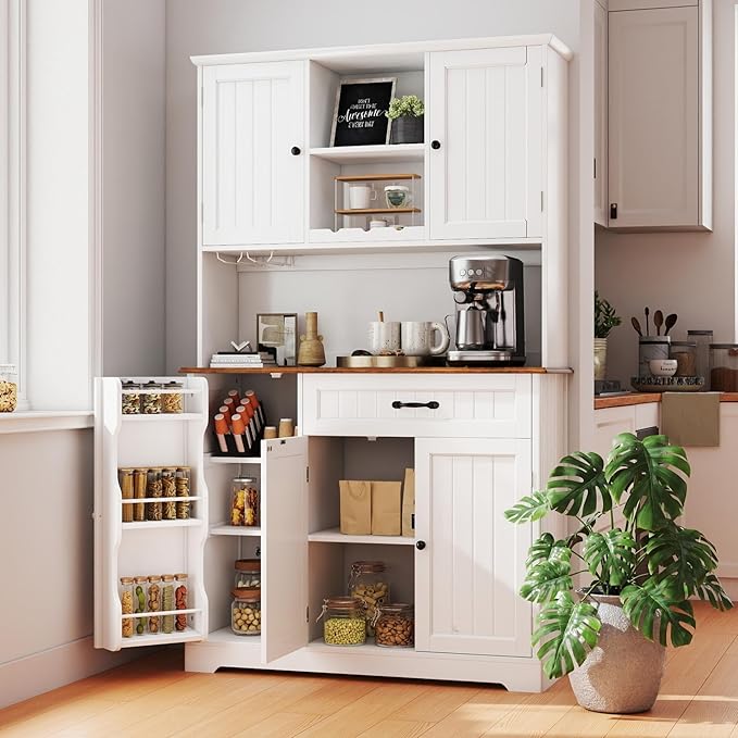 Gizoon Kitchen Pantry Cabinet with Countertop Kitchen Hutch Storage Cabinet 67.7" Tall Pantry Coffee Bar with Storage for Dining Room and Craft Room, White and Rustic