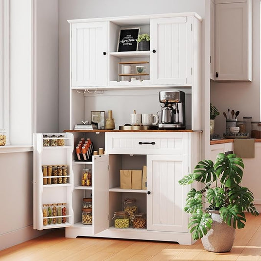 Gizoon Kitchen Pantry Cabinet with Countertop Kitchen Hutch Storage Cabinet 67.7" Tall Pantry Coffee Bar with Storage for Dining Room and Craft Room, White and Rustic