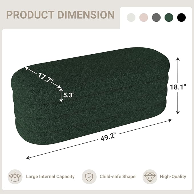 Busaurus Storage Ottoman Bench 49.2 Inch Upholstered Fabric Storage Bench for Bedroom End of Bed Aesthetic Large Oval Ottoman for Living Room(Dark Green)