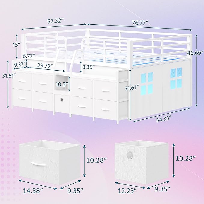 Dnxao Low Loft Bed Full Size with 9 Storage Drawers, Metal Kids Full Size Loft Bed Frame with Bookcase LED Lights & Charging Station, Space-Saving Under-Bed Secret Play Fort Bedframe, White