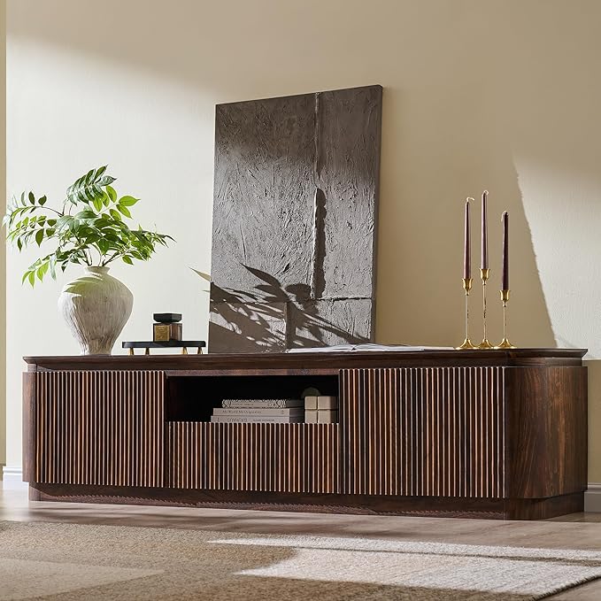 70" Fluted TV Stand for TVs Up to 80", Mid Century Modern Entertainment Center with Drawer, Storage Cabinet, Open Shelf, Wood Low Profile Media TV Console for Livingroom, Dark Walnut