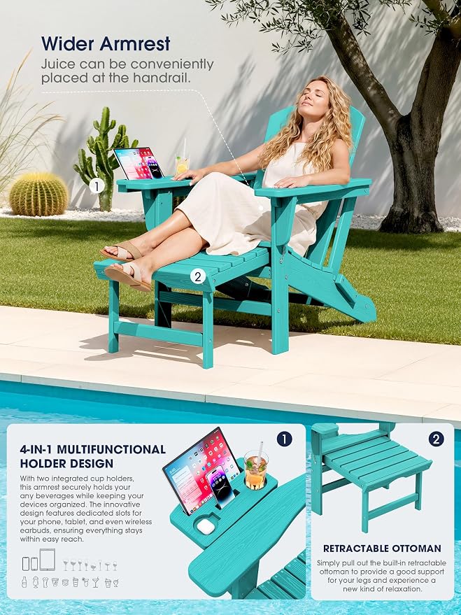 KINGYES Adjustable Folding Adirondack Chair with Footrest & 4-in-1 Multi-Functional Armrest Organizer Set of 4, HDPE Foldable Recliner Adirondack Chair with Pull-Out Ottoman, Aruba
