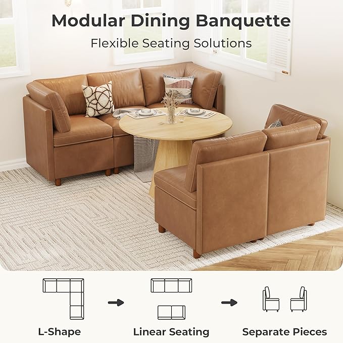 SITJOY Breakfast Nook Bench with Storage, Modular Corner Kitchen Banquette Seating, Dining Settee Couch, Upholstered Dining Bench with Back, Pet-Friendly Faux Leather in Brown, 5-Seat L Shaped Booth