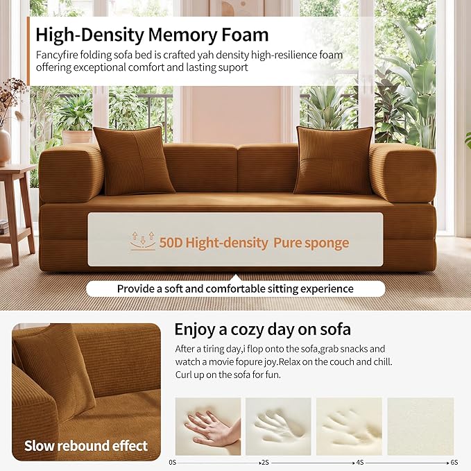 78.8" Convertible Sofa Bed with Armrest Pillow, 4-in-1 Sleeper Couch Bed for Livingroom, Modular Corduroy Boneless couches, No Assembly (Yellow)