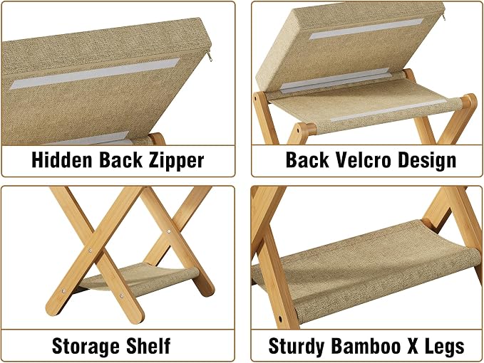 Trironsun Foldable Bamboo Foot Stool Ottoman Double-Layer X Legs Folding Footrest with Padded Cushion Small Upholstered Ottoman for Bedroom Living Room Vanity or Couch (Natural Bamboo)