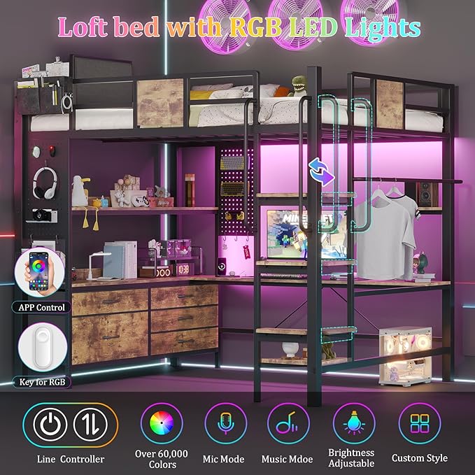 busyaeh Loft Bed with Desk,Loft Bed Full Size with 5 Drawers & 3 Open Shelves and LED Lights,Full Size Loft bed with Charging Station & Thickened Tread Stairs for Adults/Kids/Young Teens,Vintage Brown