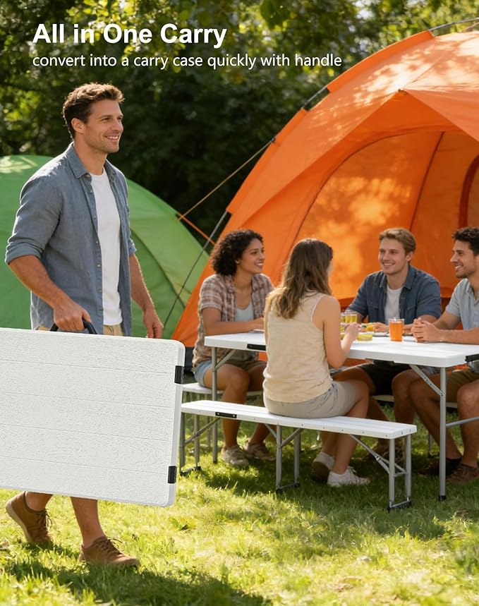 Folding Table with 2 Benches Set, 6FT Picnic Table with 2 Chairs, 3pcs Plastic Camping Tables and Foldable Bench Sets Indoor & Outdoor for Party, Camping, Picnic, Wedding, BBQ, White