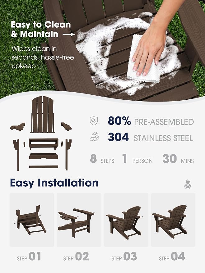 KINGYES Adjustable Folding Adirondack Chair with Footrest & 4-in-1 Multi-Functional Holder Set of 4, HDPE Reclining Adirondack Chair with Pull-Out Ottoman, Coffee